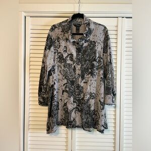 Ali Miles Paisley Mix Tunic Black/Gray Crinkle Wire Collar Size 1X